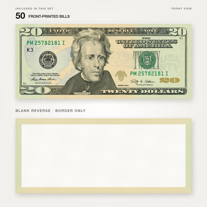 $20 New Series Close-Up prop bill: front-printed bill above its blank bordered reverse.