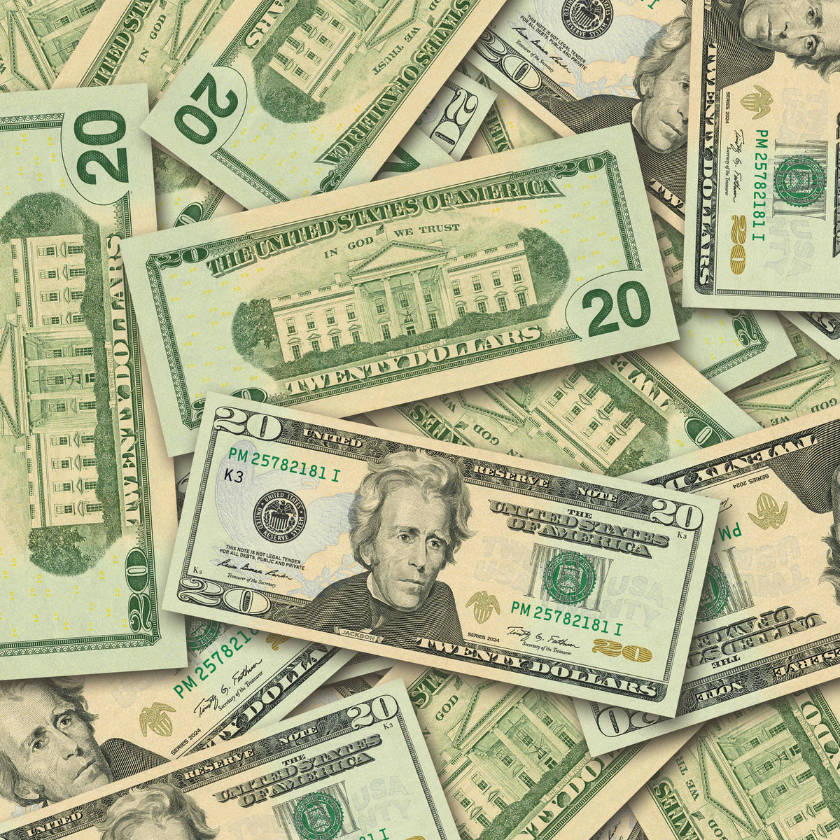 $20 New Series Close-Up prop bills with printed fronts and backs scattered randomly; one complete front and back centered.