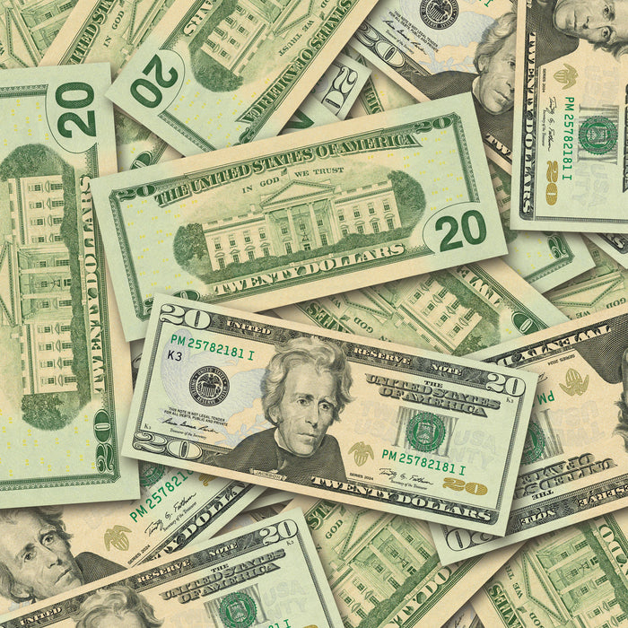 $20 New Series Close-Up prop bills with printed fronts and backs scattered randomly; one complete front and back centered.