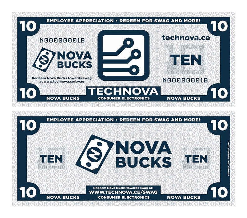 Custom employee reward bills branded as Nova Bucks