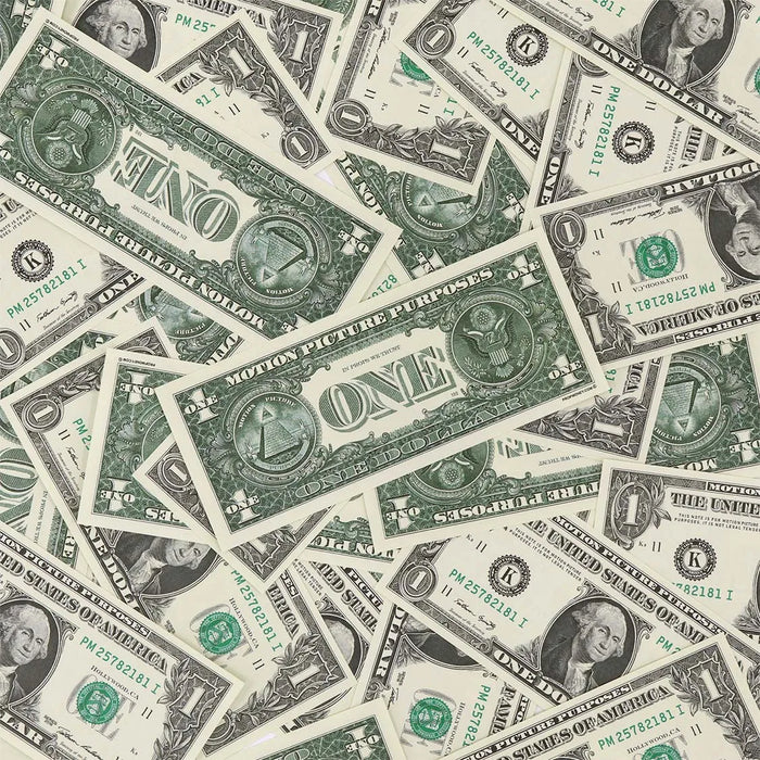 Actual Full Print $1 prop bills scattered together with a reverse-facing bill showing ONE and the pyramid and eagle designs