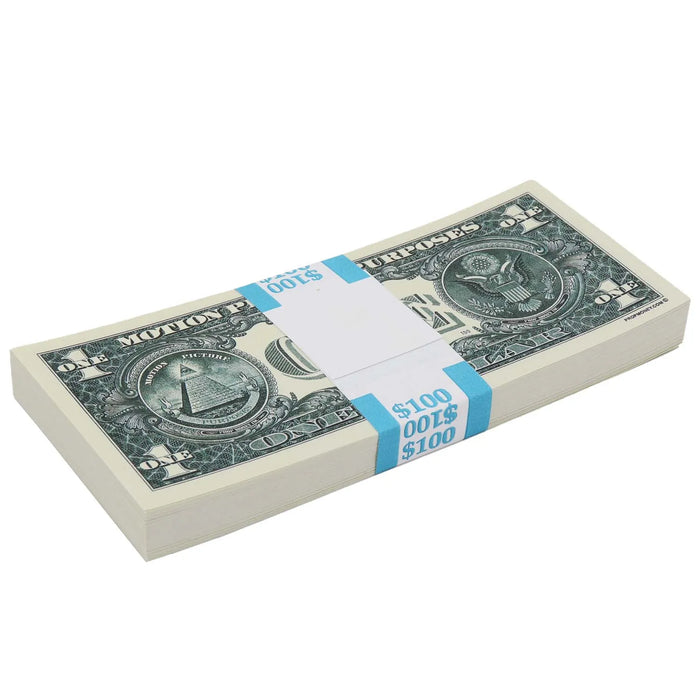 Reverse view of an actual $1 Full Print prop money stack showing the pyramid and eagle designs beneath a cyan $100 band