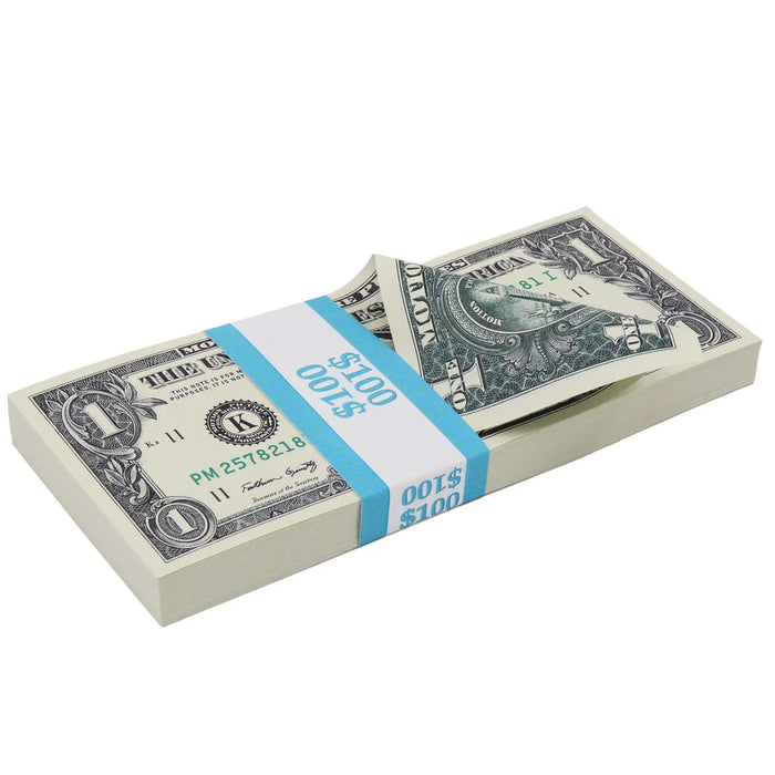 Actual $1 Full Print prop money stack with a cyan $100 band and a folded top bill showing both printed sides