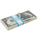 Actual $1 Full Print prop money stack with a cyan $100 band and a folded top bill showing both printed sides