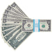 Actual Full Print $1 prop money bills showing front and back designs fanned beside a cyan-banded $100 stack
