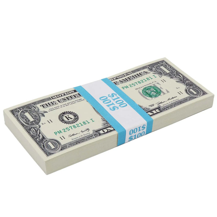 Front view of an actual $1 Full Print prop money stack containing 100 bills, wrapped in a cyan $100 band