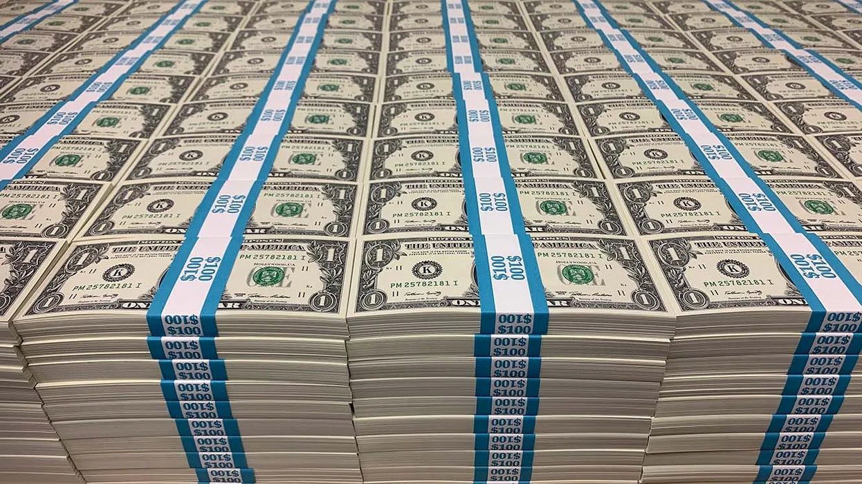 Rows of actual $1 Full Print prop money stacks wrapped in cyan $100 bands