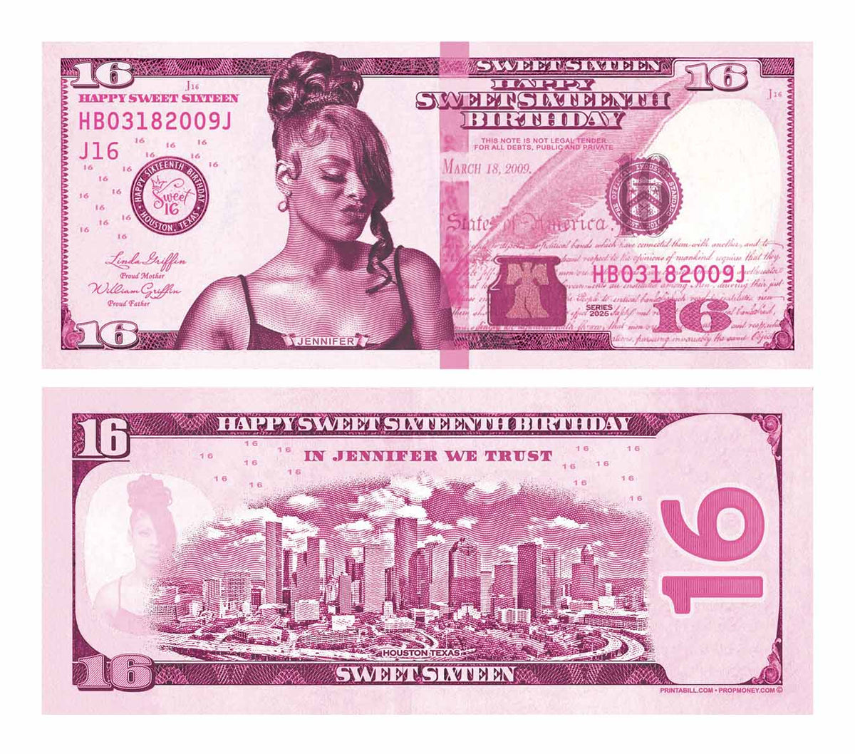 Pink custom Sweet Sixteen birthday money bills with a personalized portrait