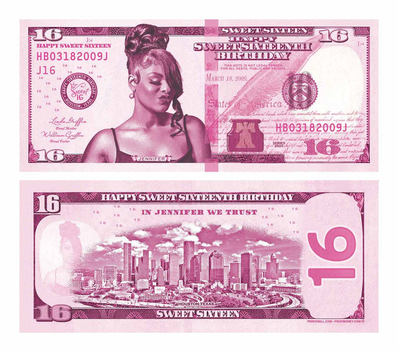 Pink custom Sweet Sixteen birthday money bills with a personalized portrait