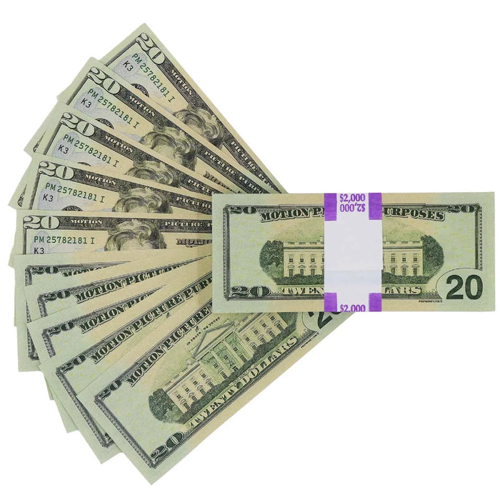 Actual Full Print $20 prop bills showing front and back designs fanned beside a reverse-facing stack with a purple $2,000 band