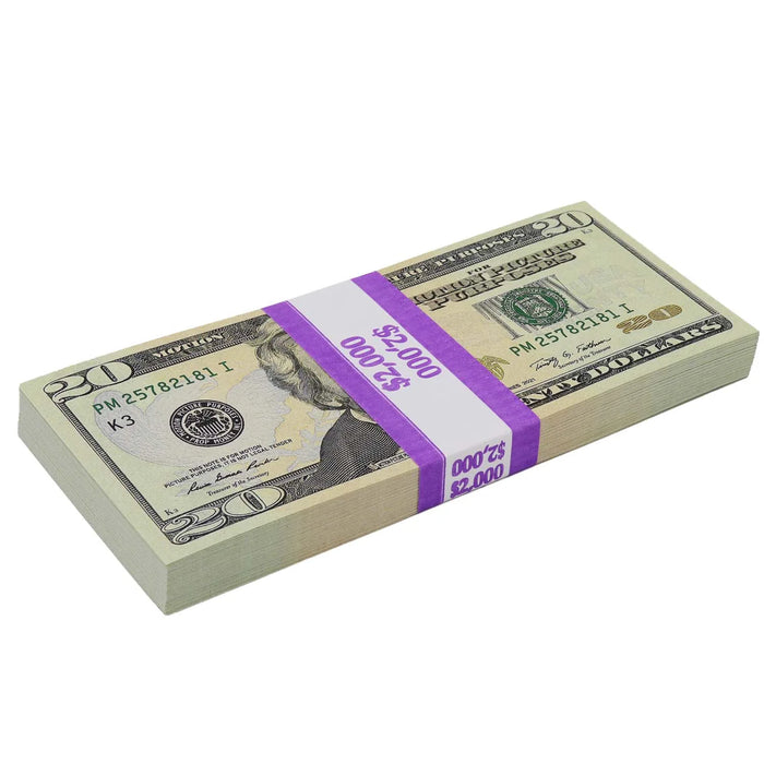 Front of an actual Full Print $20 prop money stack showing Andrew Jackson and a purple $2,000 band