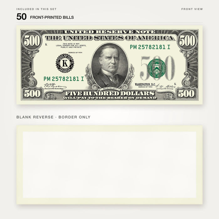 $500 Vintage Close-Up prop bill: front-printed bill above its blank bordered reverse.