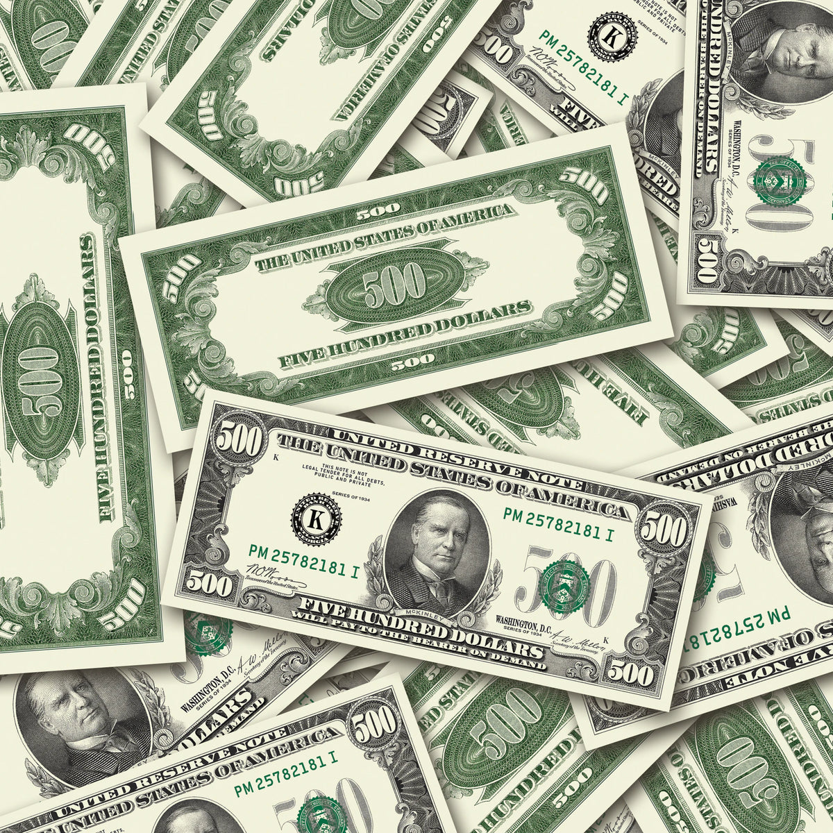 $500 Vintage Close-Up prop bills with printed fronts and backs scattered randomly; one complete front and back centered.