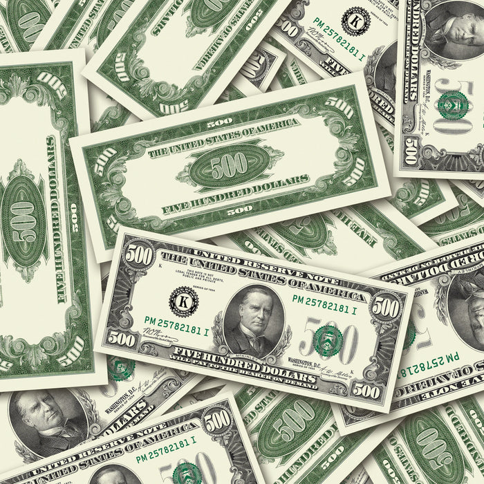 $500 Vintage Close-Up prop bills with printed fronts and backs scattered randomly; one complete front and back centered.