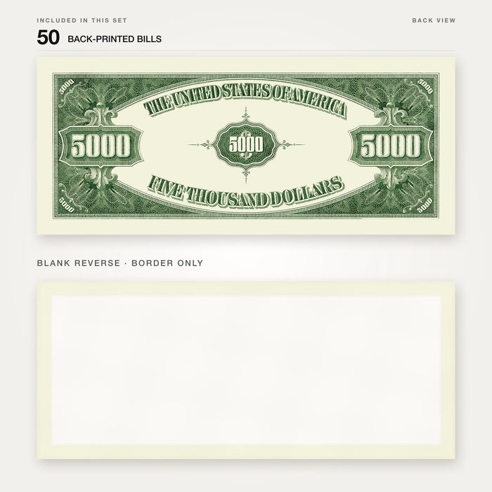$5,000 Vintage Close-Up prop bill: back-printed bill above its blank bordered reverse.