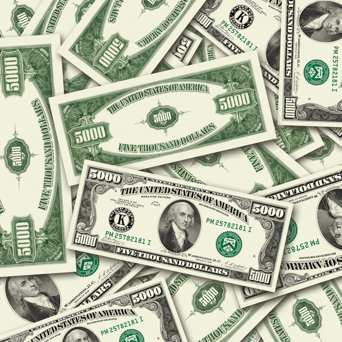 $5,000 Vintage Close-Up prop bills with printed fronts and backs scattered randomly; one complete front and back centered.