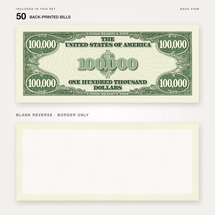 $100,000 Vintage Close-Up prop bill: back-printed bill above its blank bordered reverse.