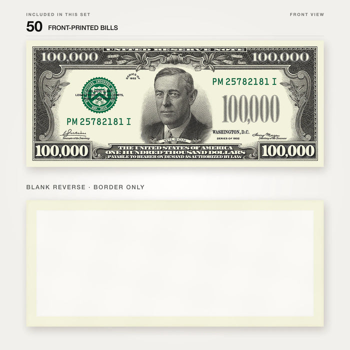 $100,000 Vintage Close-Up prop bill: front-printed bill above its blank bordered reverse.