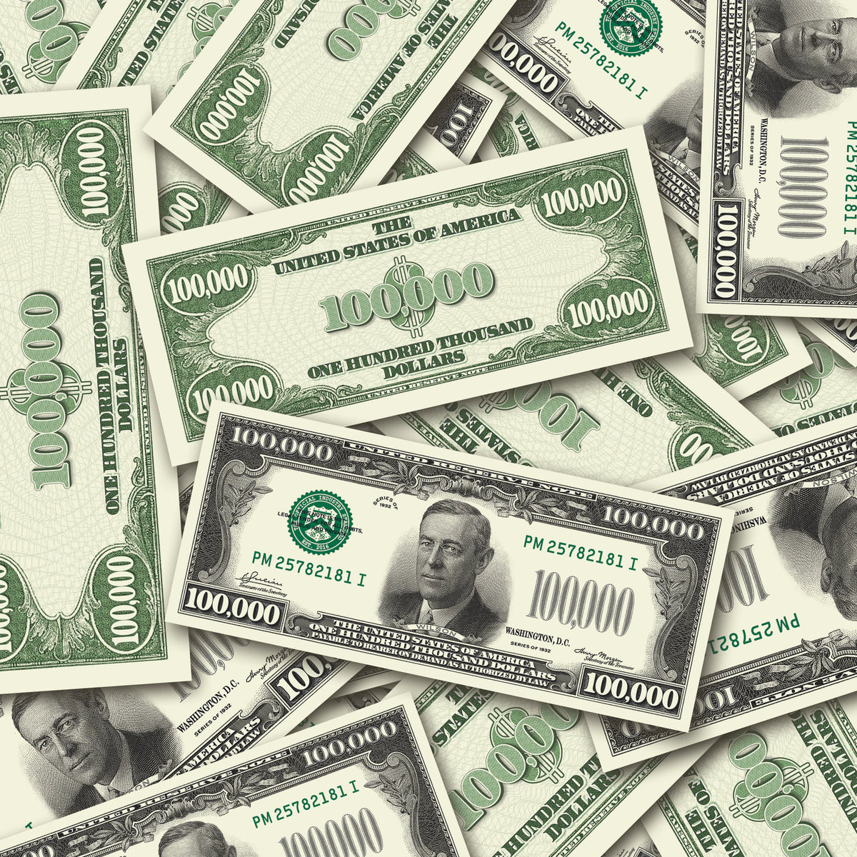 $100,000 Vintage Close-Up prop bills with printed fronts and backs scattered randomly; one complete front and back centered.