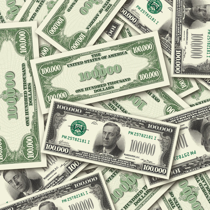 $100,000 Vintage Close-Up prop bills with printed fronts and backs scattered randomly; one complete front and back centered.