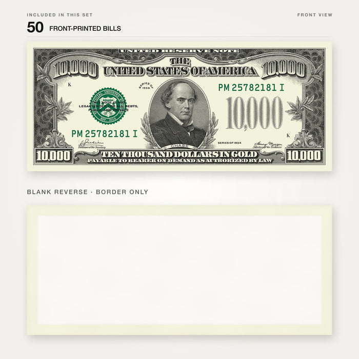 $10,000 Vintage Close-Up prop bill: front-printed bill above its blank bordered reverse.