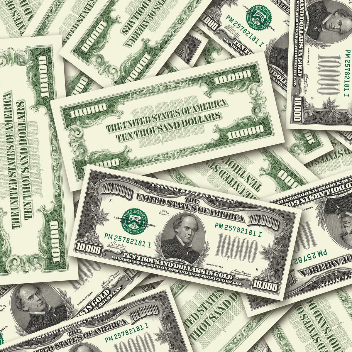 $10,000 Vintage Close-Up prop bills with printed fronts and backs scattered randomly; one complete front and back centered.