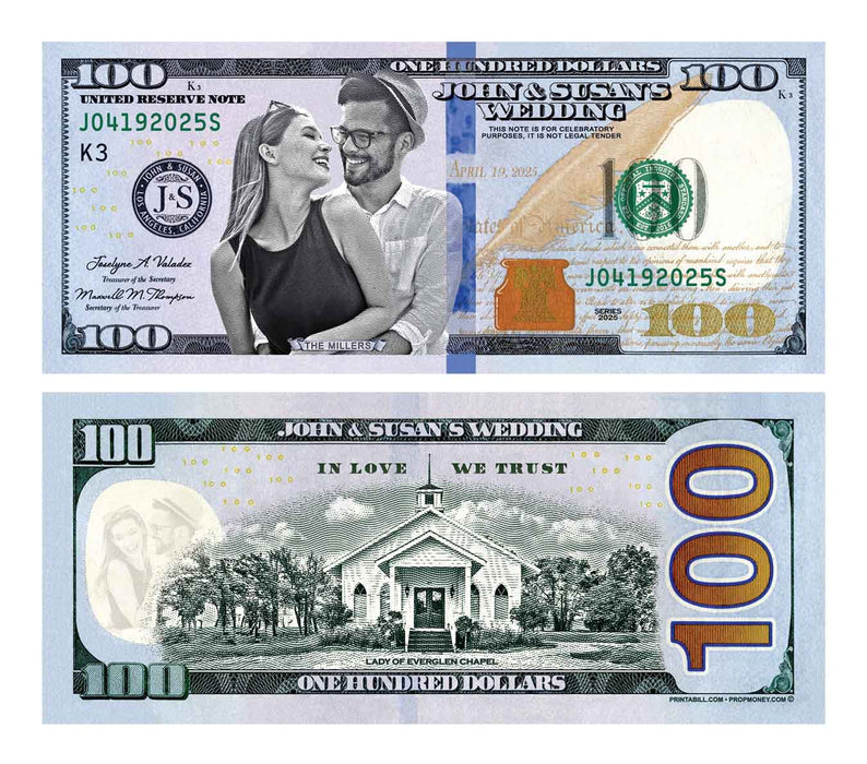 Custom wedding money bills featuring a couple and wedding venue