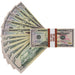 Fanned Full Print $50 prop bills beside a stack with a brown $5,000 band