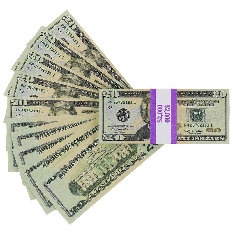 Fanned Full Print $20 prop bills beside a stack with a purple $2,000 band