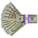 Fanned Full Print $20 prop bills beside a stack with a purple $2,000 band