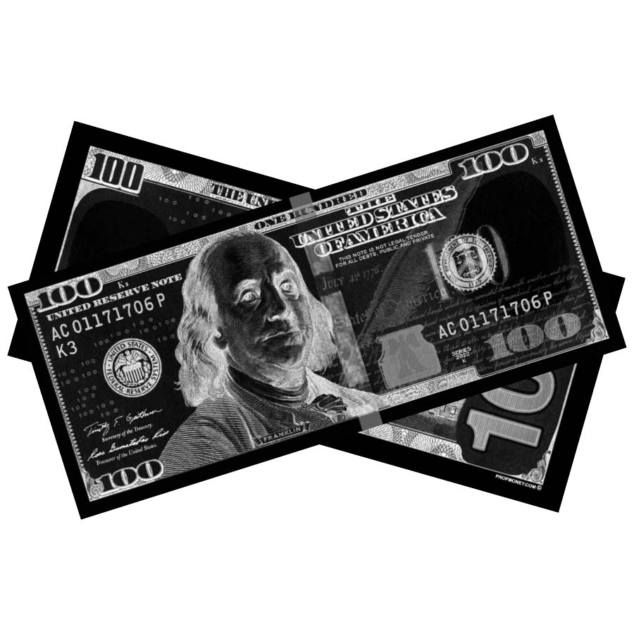 Black prop money bills with bold monochrome full print design