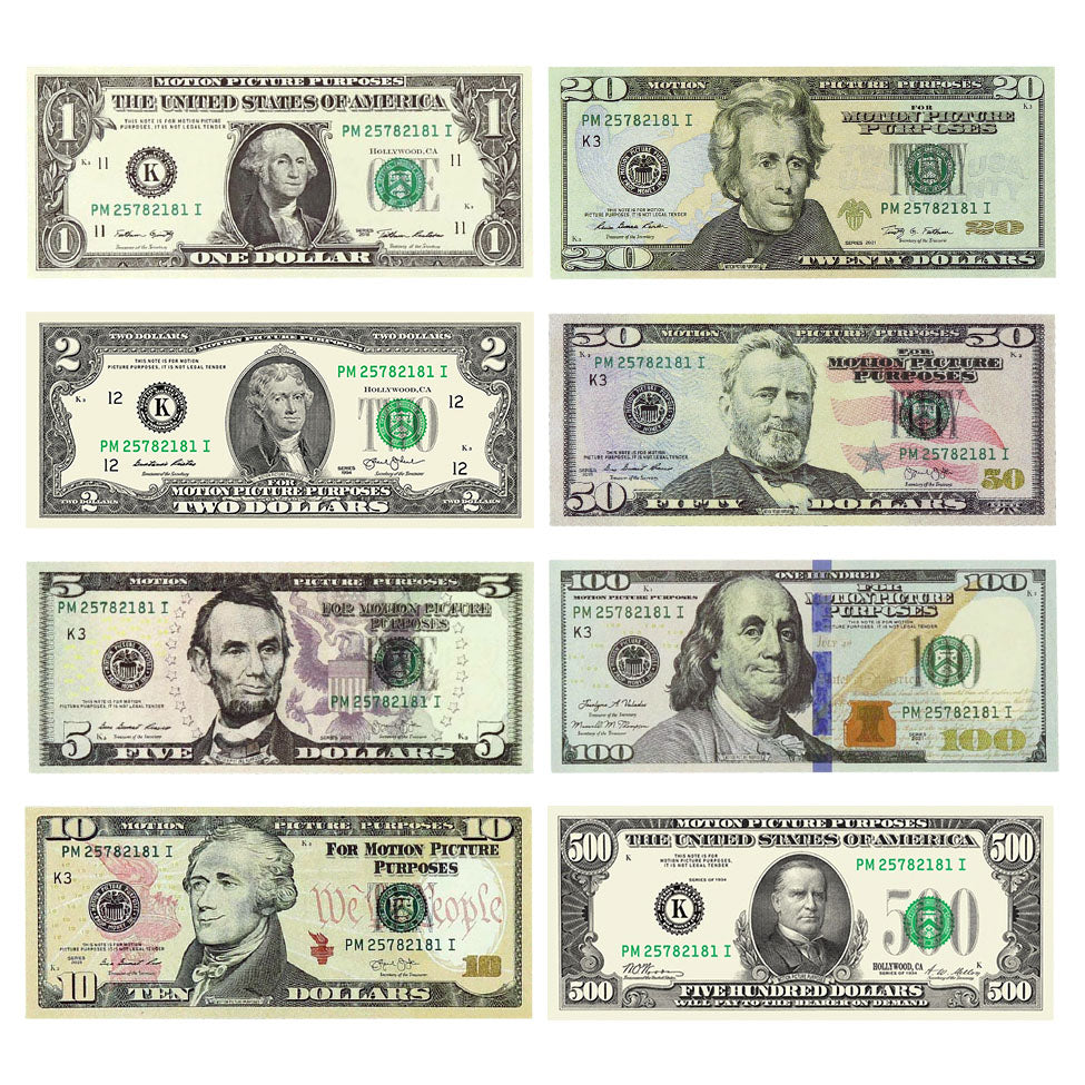 Board game play money set with multiple denominations and realistic designs