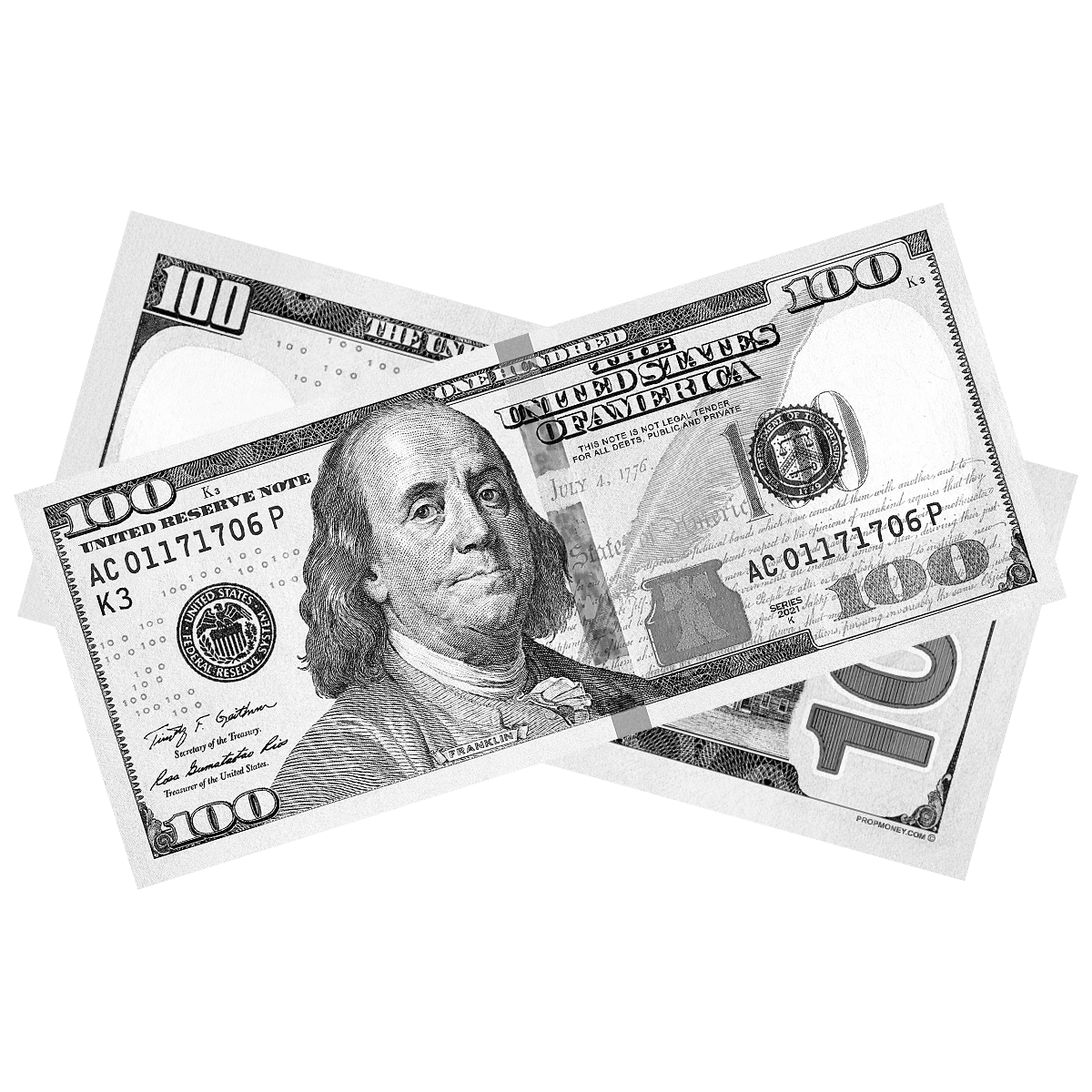 Gray prop money bills with monochrome full print design