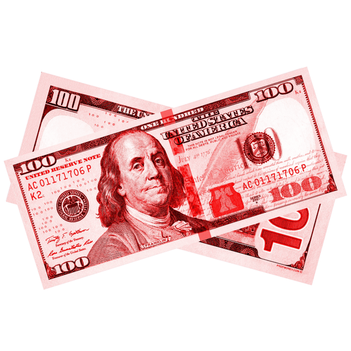 Red prop money bills for Valentines Day Christmas parties and holiday displays
